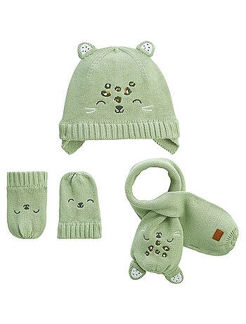Ensemble bonnet, moufles et écharpe bébé en tricot Boavista