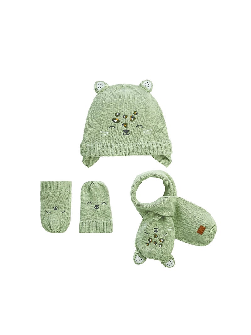 Ensemble bonnet, moufles et écharpe bébé en tricot Boavista Kaki
