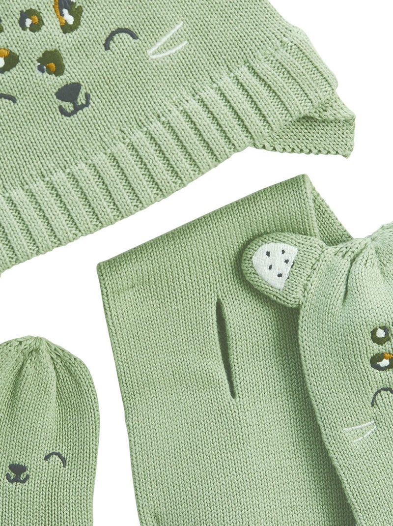 Ensemble bonnet, moufles et écharpe bébé en tricot Boavista Kaki - Kiabi