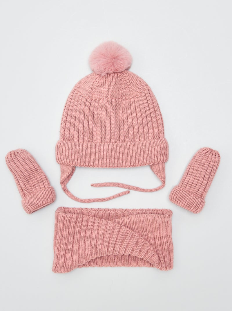 Ensemble bonnet + snood + moufles Rose - Kiabi