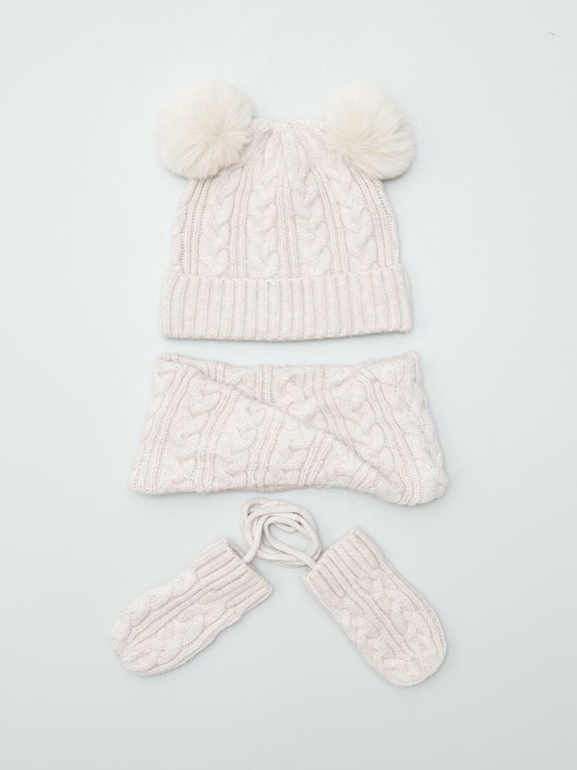 Ensemble bonnet + snood + moufles tressés Beige - Kiabi