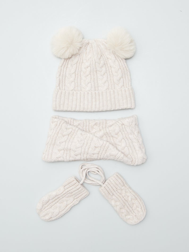 Ensemble bonnet + snood + moufles tressés Beige - Kiabi