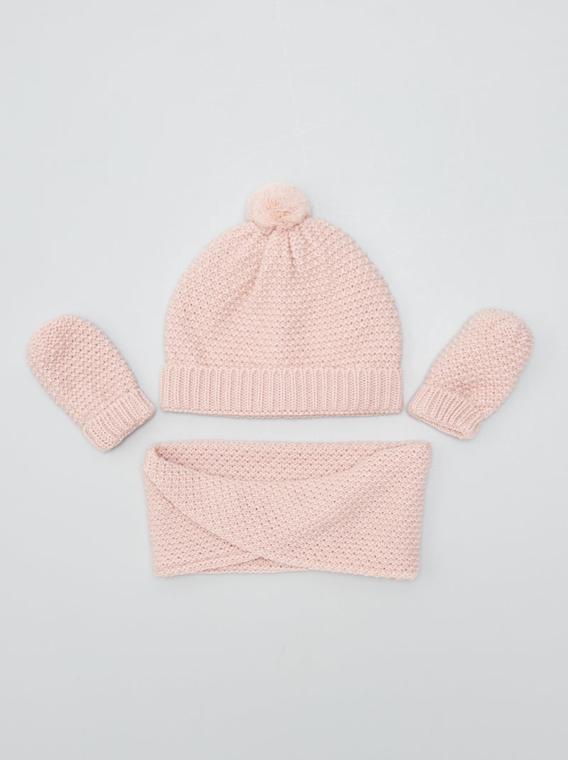 Ensemble bonnet + tour de cou + moufles - 3 pièces Rose - Kiabi