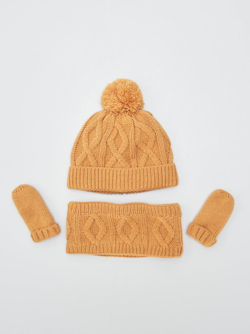 Ensemble bonnet + tour de cou + moufles Marron - Kiabi