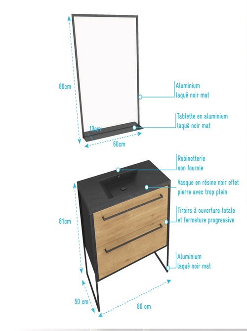 Ensemble caisson à tiroirs vasque et miroir simple - Kiabi