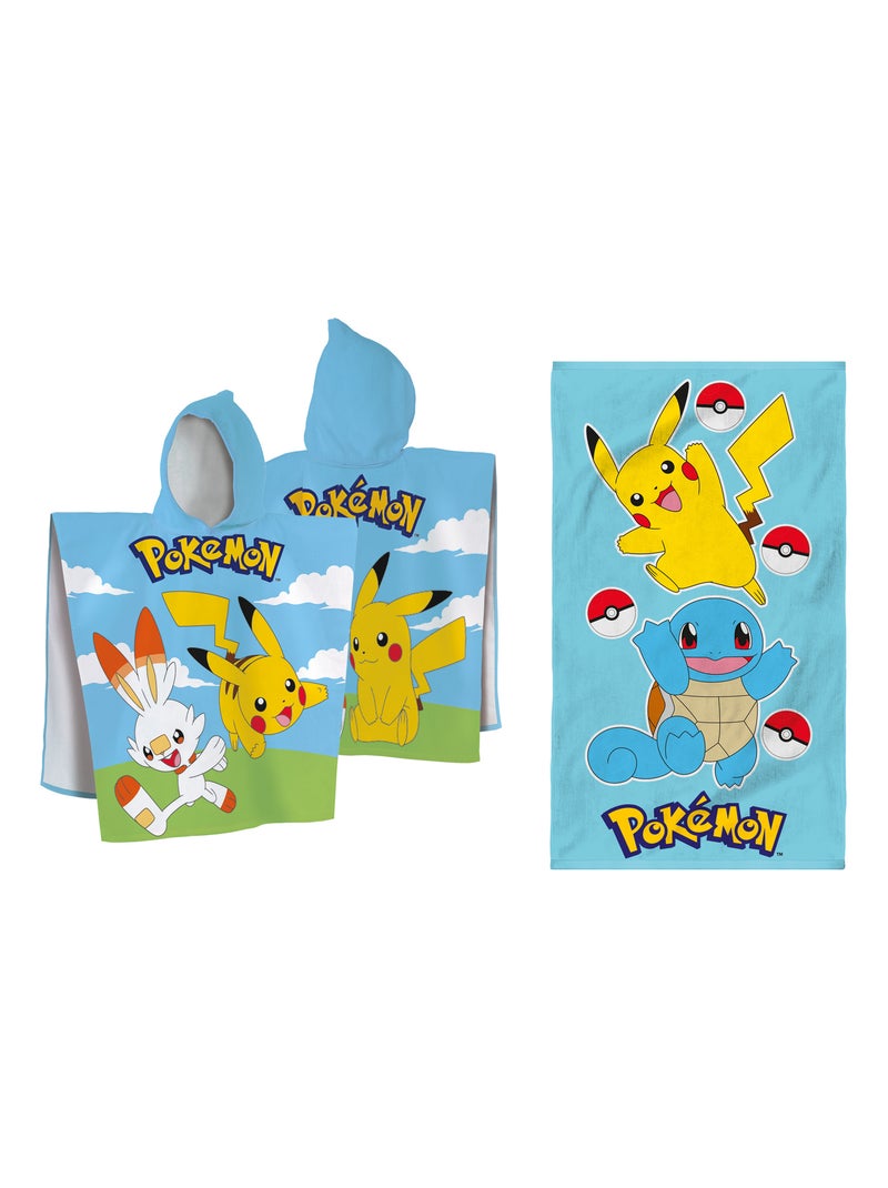 Ensemble Cape de bain et Drap de plage imprimés 100% Coton, POKEMON GRASS ET PORT Bleu - Kiabi