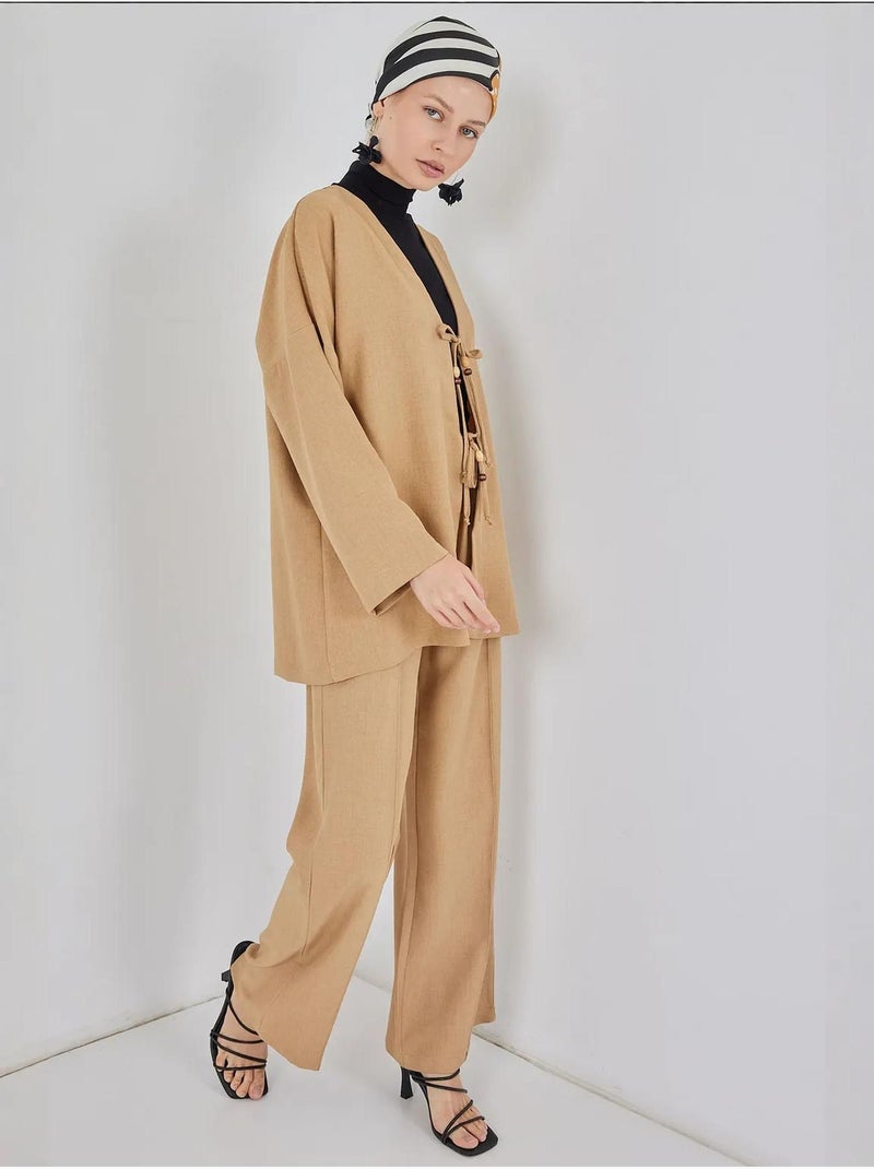 Ensemble cardigan à col en v et pantalon à jambes larges bdart Marron clair - Kiabi