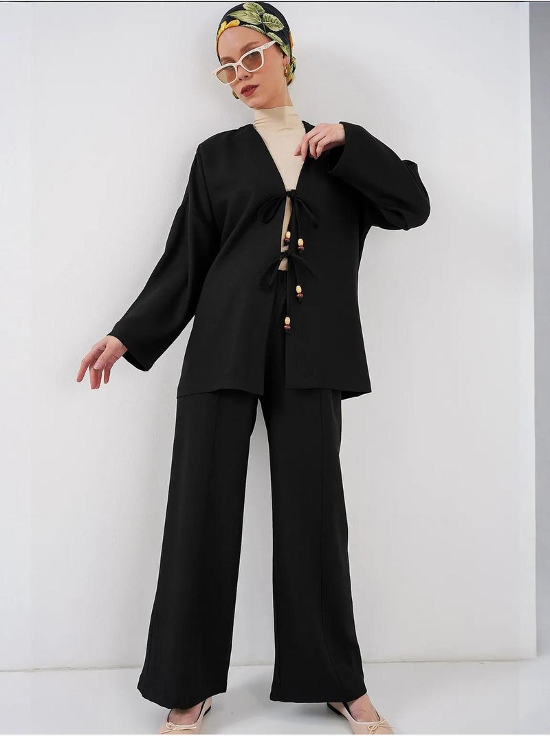 Ensemble cardigan à col en v et pantalon à jambes larges bdart Noir - Kiabi