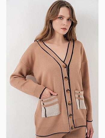 Ensemble cardigan à col en v et pantalon large en maille côtelée pour femme bdart