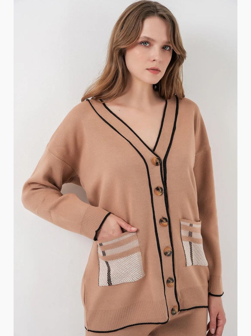 Ensemble cardigan à col en v et pantalon large en maille côtelée pour femme bdart Camel - Kiabi