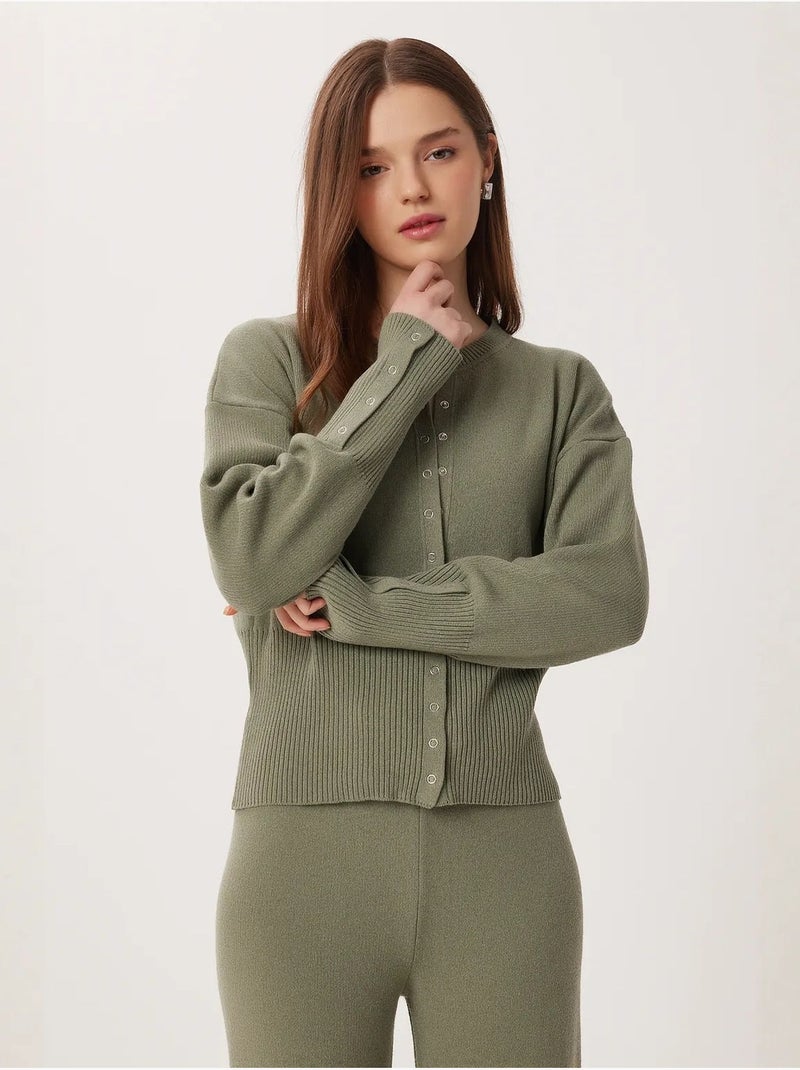 Ensemble cardigan boutonné et pantalon large en maille côtelée istanbul Kaki - Kiabi