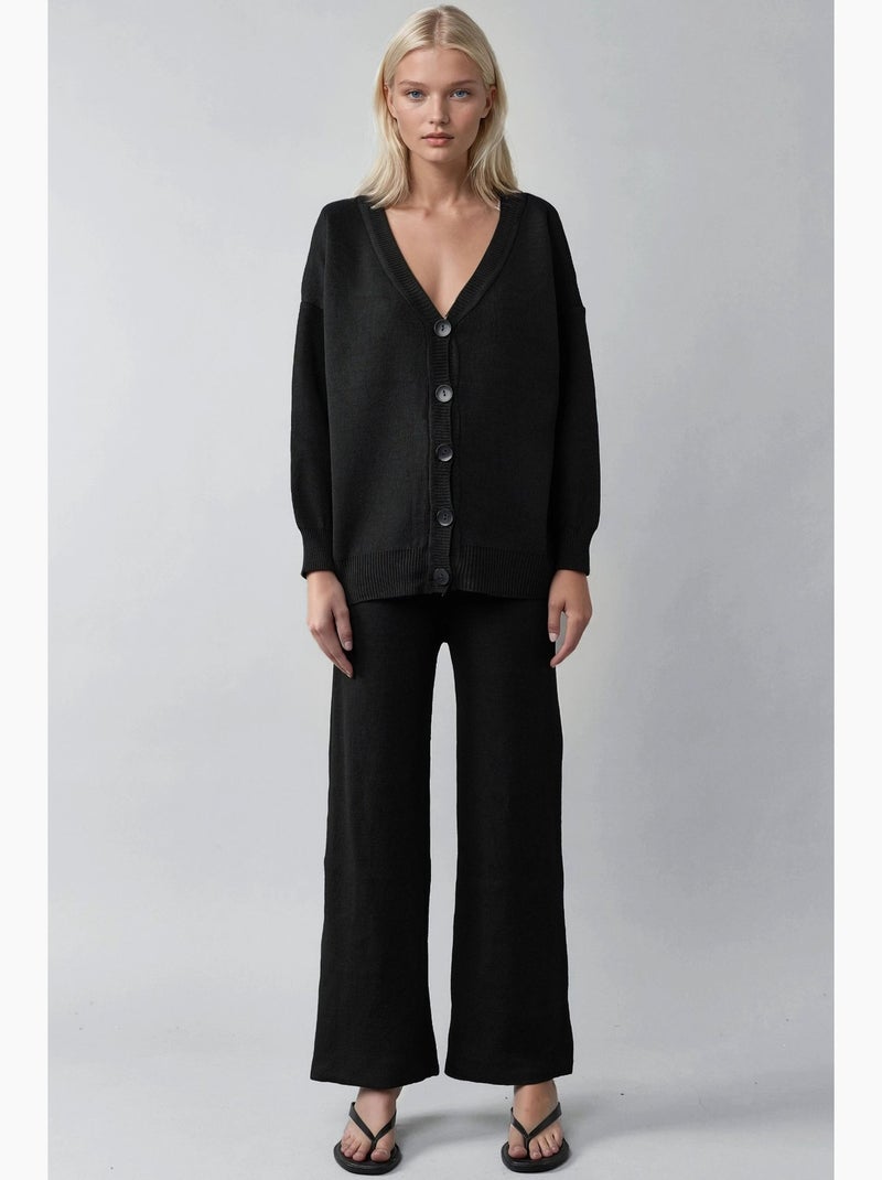 Ensemble cardigan côtelé à col en v et pantalon large my fashion Noir - Kiabi