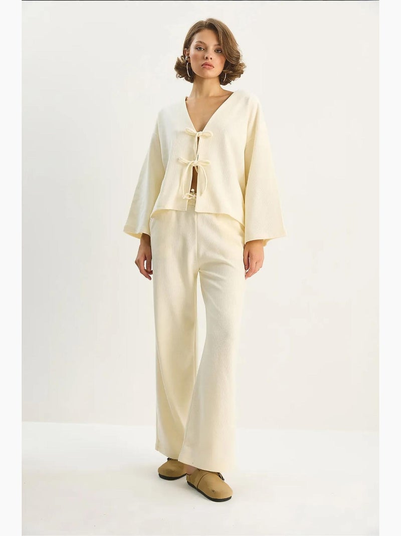 Ensemble cardigan en maille à col v et pantalon large lucci Beige clair - Kiabi