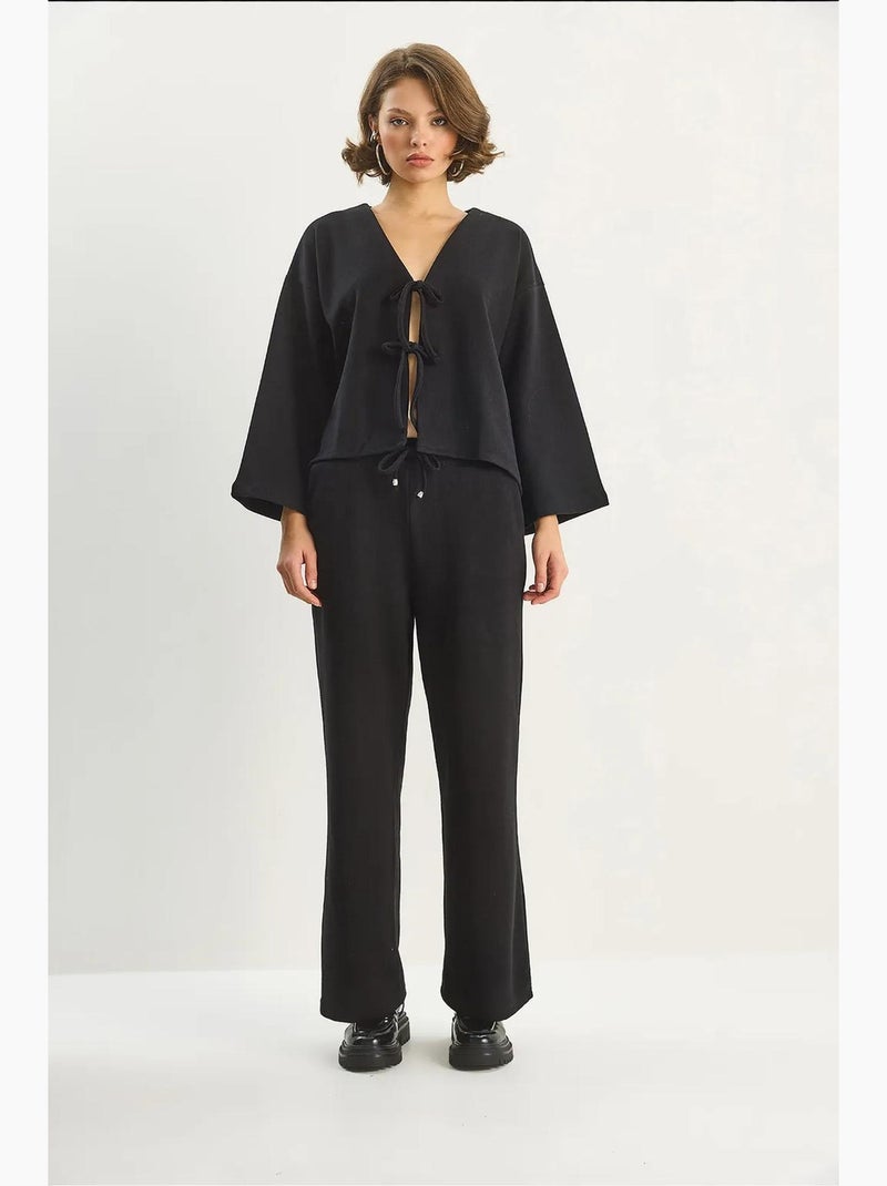 Ensemble cardigan en maille à col v et pantalon large lucci Noir - Kiabi