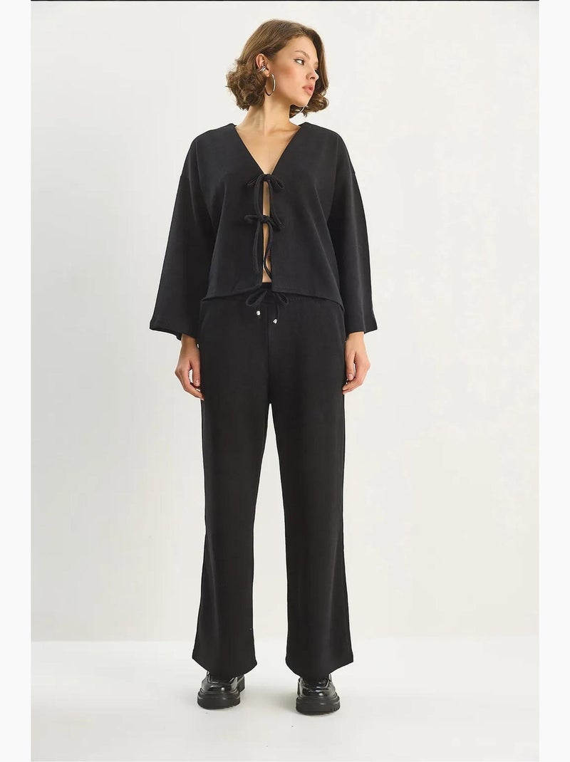 Ensemble cardigan en maille à col v et pantalon large lucci Noir - Kiabi