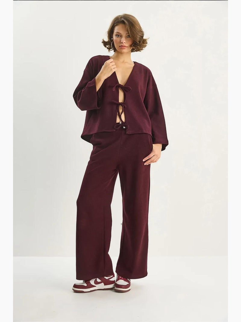 Ensemble cardigan en maille à col v et pantalon large lucci Rouge bordeaux - Kiabi