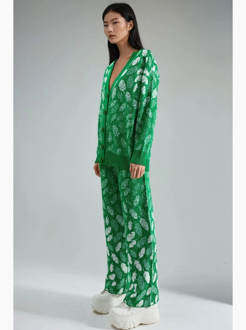 Ensemble cardigan en maille jacquard à col en v et pantalon large my fashion Vert - Kiabi