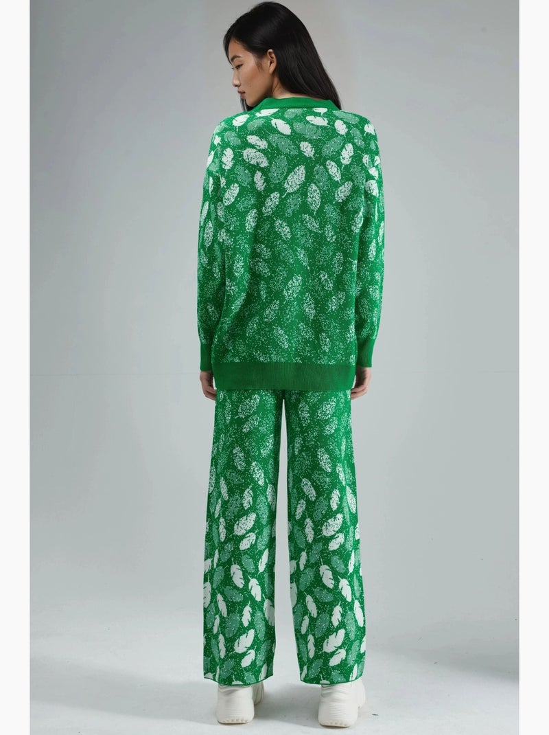 Ensemble cardigan en maille jacquard à col en v et pantalon large my fashion Vert - Kiabi