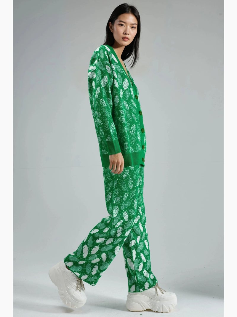 Ensemble cardigan en maille jacquard à col en v et pantalon large my fashion Vert - Kiabi