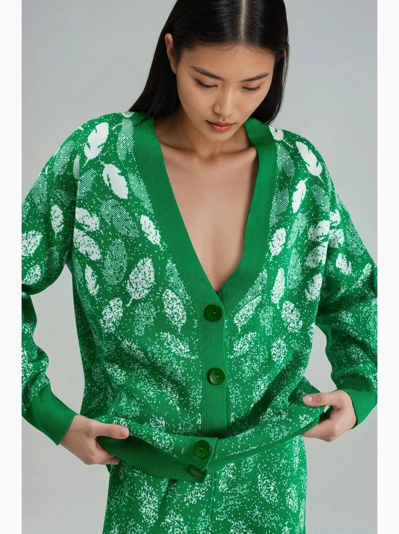 Ensemble cardigan en maille jacquard à col en v et pantalon large my fashion Vert - Kiabi