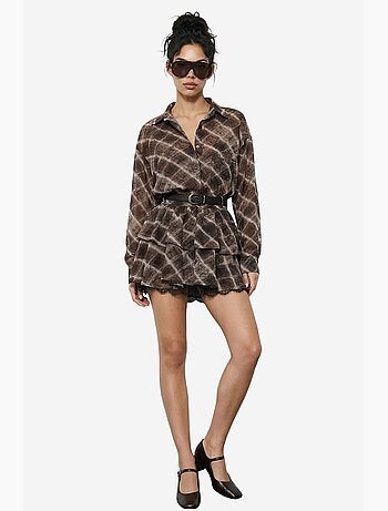 Ensemble chemise à carreaux oversize et jupe courte à jambes larges lucci