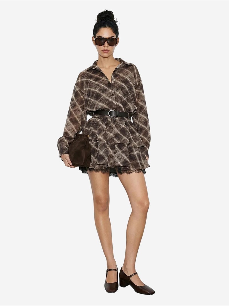 Ensemble chemise à carreaux oversize et jupe courte à jambes larges lucci Marron chocolat - Kiabi