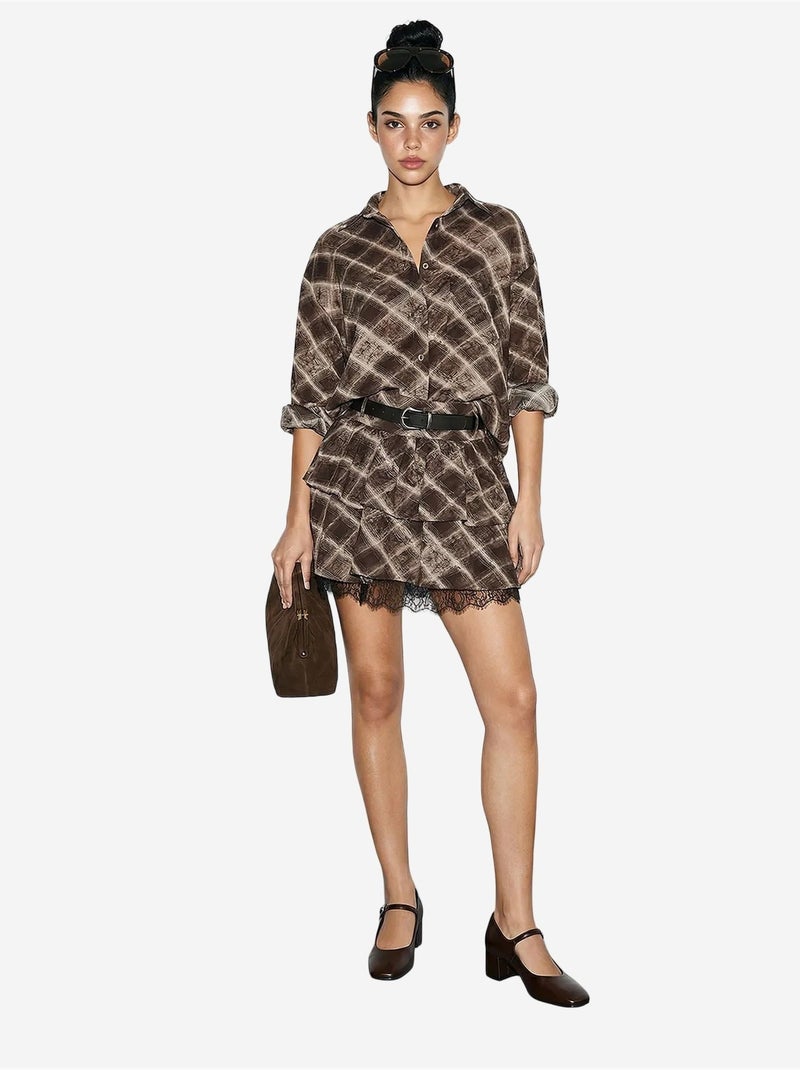 Ensemble chemise à carreaux oversize et jupe courte à jambes larges lucci Marron chocolat - Kiabi