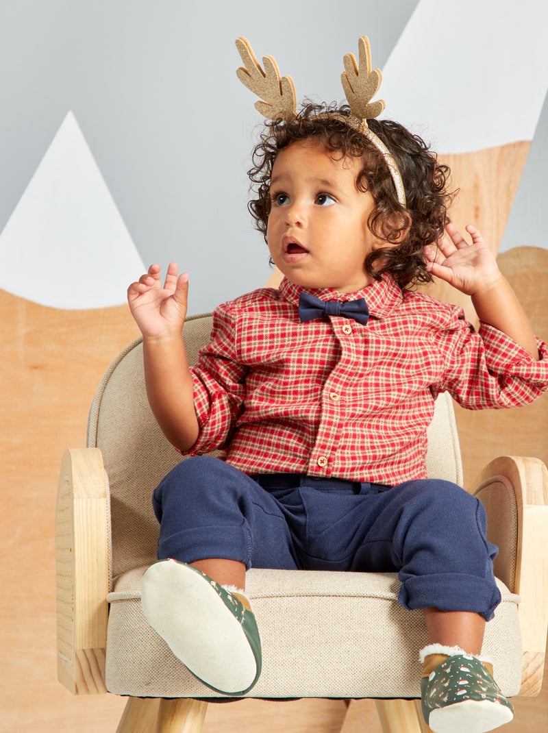 Ensemble chemise à carreaux + pantalon en flanelle + noeud papillon Rouge/bleu marine - Kiabi