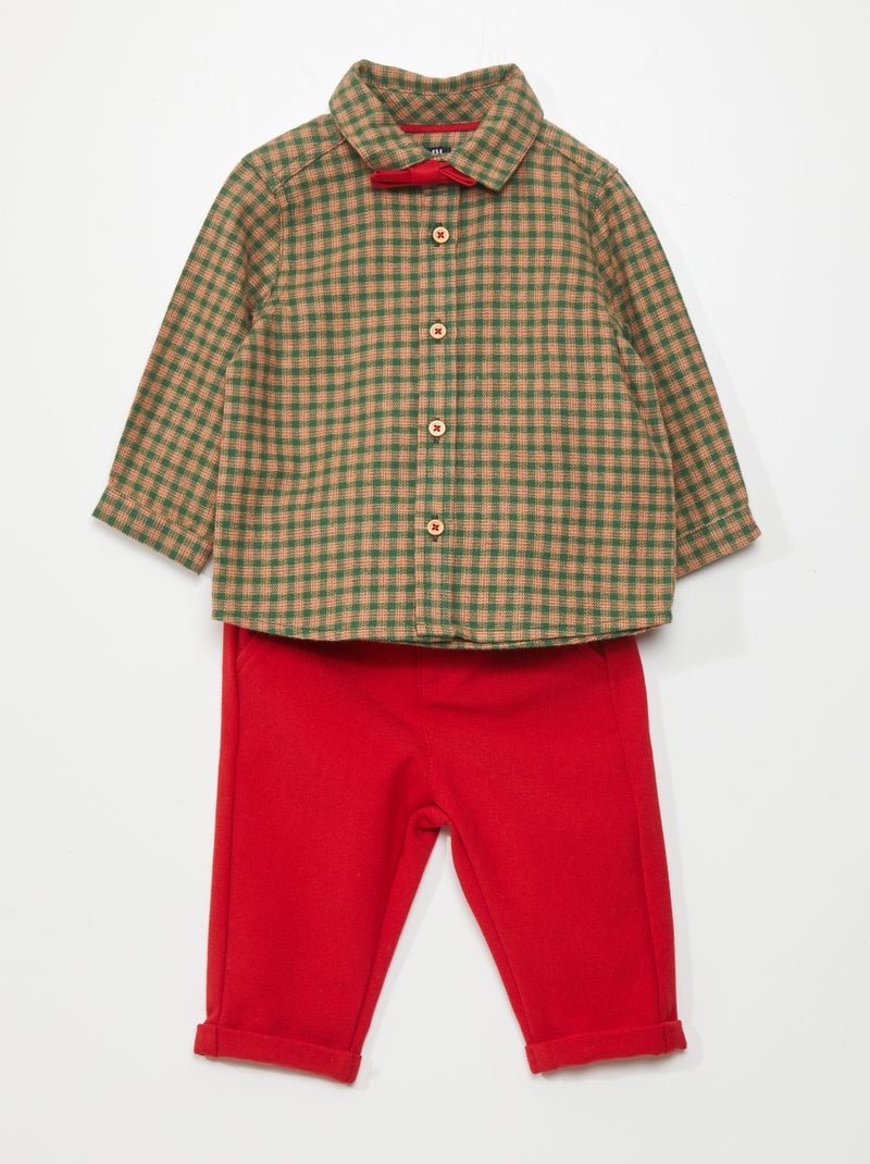 Ensemble chemise à carreaux + pantalon en flanelle + noeud papillon Rouge/vert - Kiabi