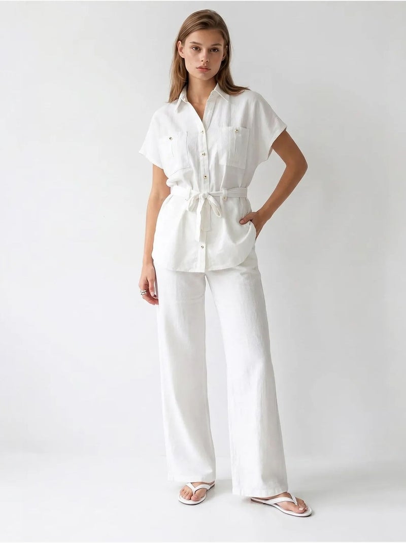 Ensemble chemise et pantalon large en coton mixray Blanc - Kiabi