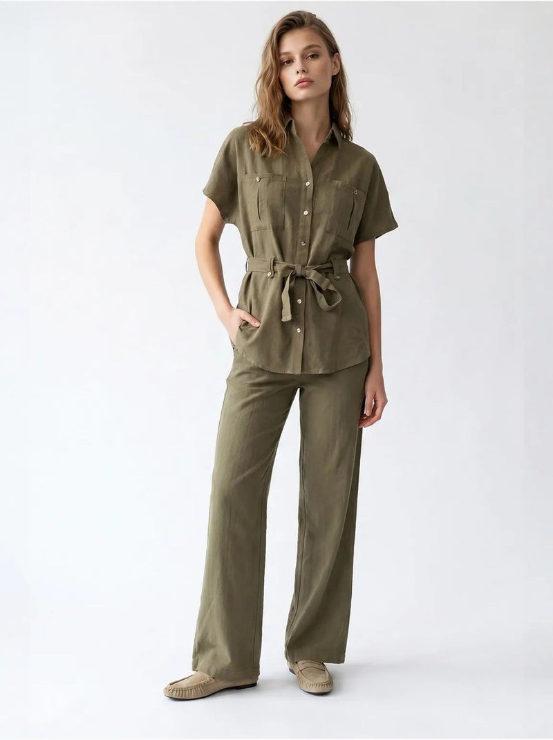 Ensemble chemise et pantalon large en coton mixray Kaki - Kiabi