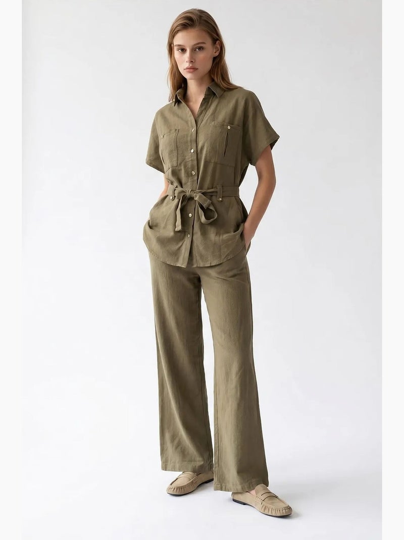 Ensemble chemise et pantalon large en coton mixray Kaki - Kiabi