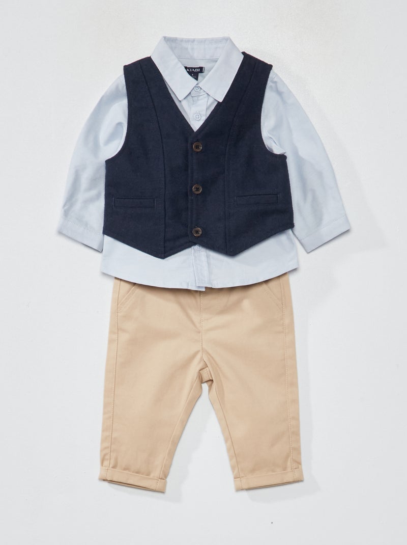 Ensemble chemise + gilet de costume + pantalon - 3 pièces Bleu/beige - Kiabi