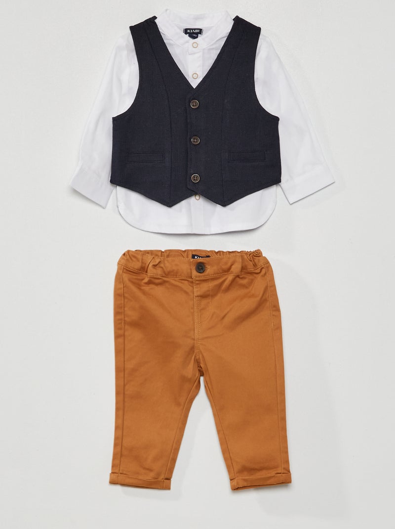Ensemble chemise + gilet sans manches + pantalon Bleu/blanc/camel - Kiabi