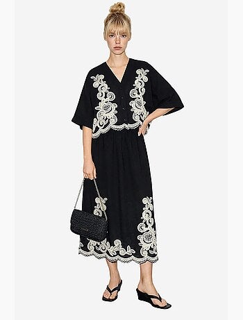 Ensemble chemise oversize à col en v brodée à manches 3/4 et pantalon large lucci