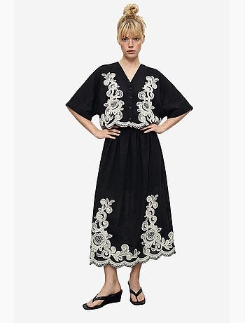 Ensemble chemise oversize à col en v brodée à manches 3/4 et pantalon large lucci