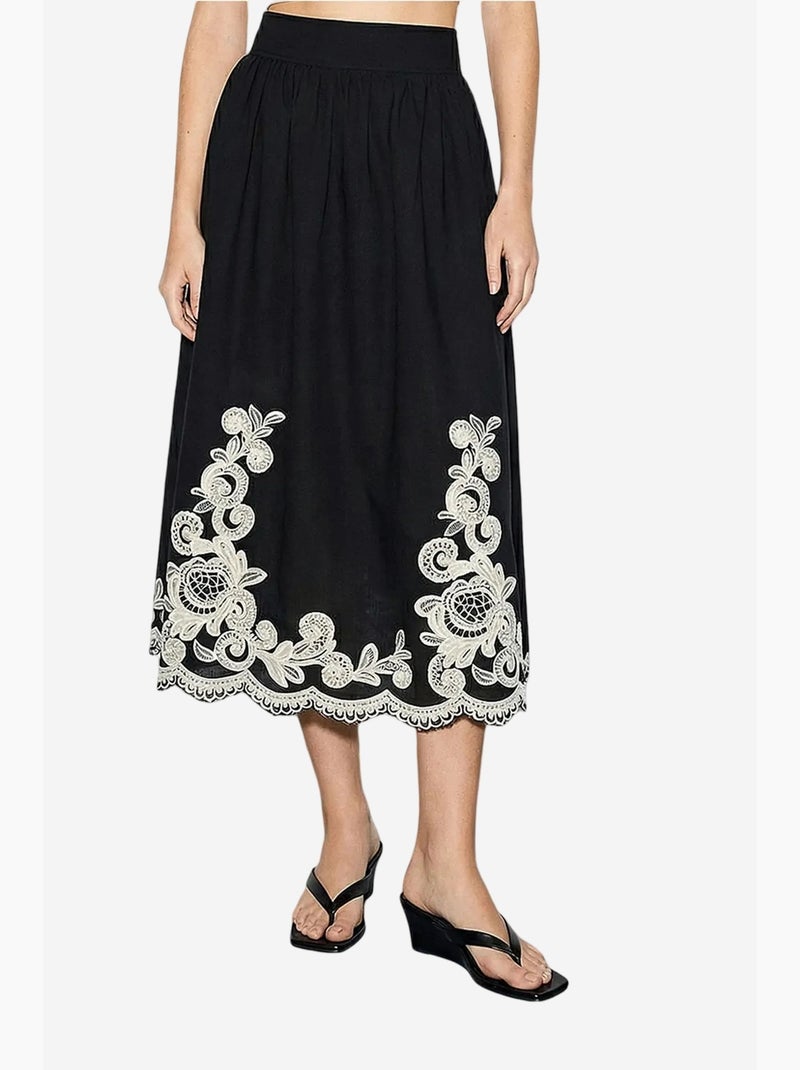 Ensemble chemise oversize à col en v brodée à manches 3/4 et pantalon large lucci Ivoire/Noir - Kiabi