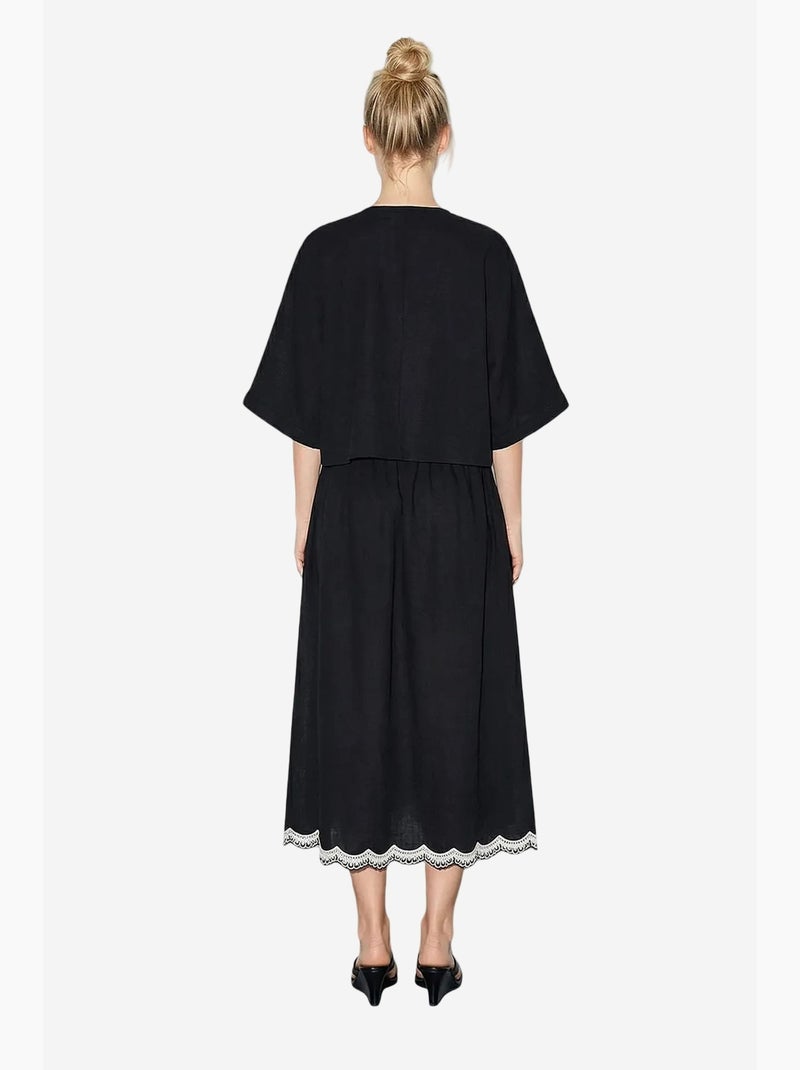 Ensemble chemise oversize à col en v brodée à manches 3/4 et pantalon large lucci Ivoire/Noir - Kiabi