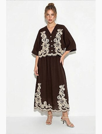 Ensemble chemise oversize à col en v brodée à manches 3/4 et pantalon large lucci