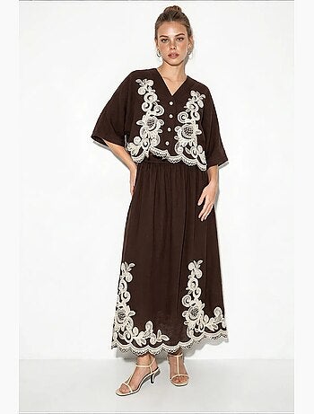 Ensemble chemise oversize à col en v brodée à manches 3/4 et pantalon large lucci