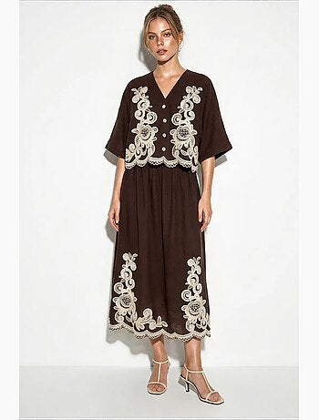 Ensemble chemise oversize à col en v brodée à manches 3/4 et pantalon large lucci