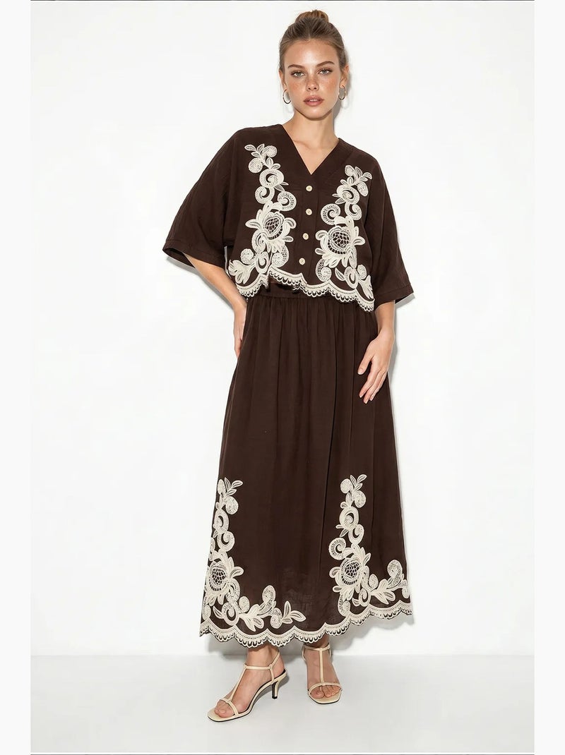 Ensemble chemise oversize à col en v brodée à manches 3/4 et pantalon large lucci Marron - Kiabi