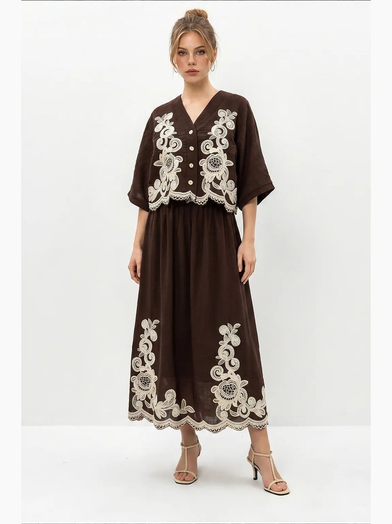 Ensemble chemise oversize à col en v brodée à manches 3/4 et pantalon large lucci Marron - Kiabi