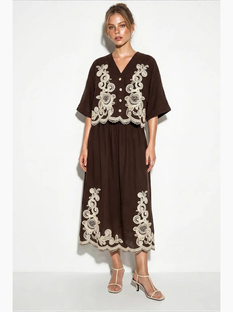 Ensemble chemise oversize à col en v brodée à manches 3/4 et pantalon large lucci Marron - Kiabi