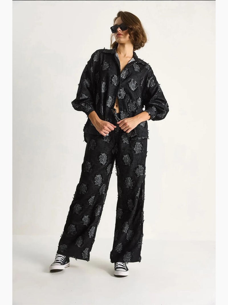Ensemble chemise oversize brodée et pantalon large lucci Noir - Kiabi