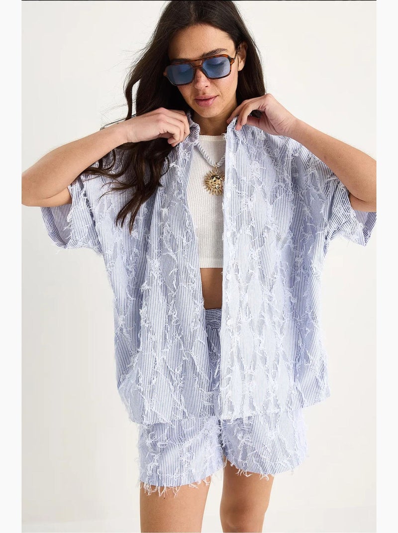 Ensemble chemise oversize rayée à franges bianco avec poches et short à taille élastique lucci Bleu ciel - Kiabi