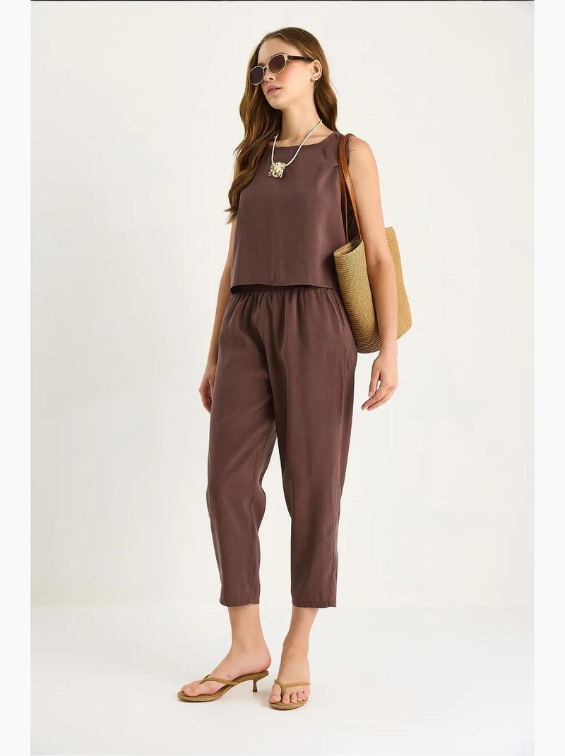 Ensemble chemisier à bretelles épaisses et pantalon à taille élastique en modal lucci Marron clair - Kiabi