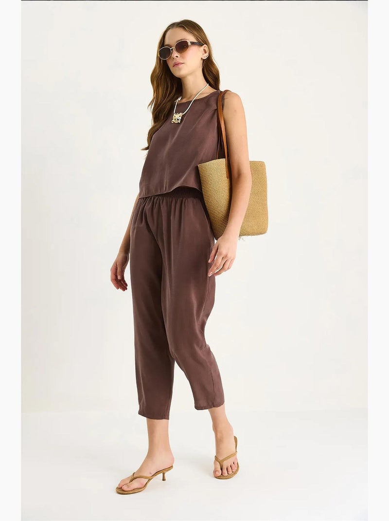 Ensemble chemisier à bretelles épaisses et pantalon à taille élastique en modal lucci Marron clair - Kiabi