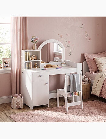 Ensemble coiffeuse enfant chaise et miroir led - multi-rangement
