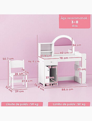 Ensemble coiffeuse enfant chaise et miroir led - multi-rangement